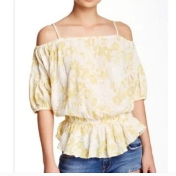 Free People Women's Off the Shoulder Floral Yellow Blouse Size Large - Picture 1 of 7